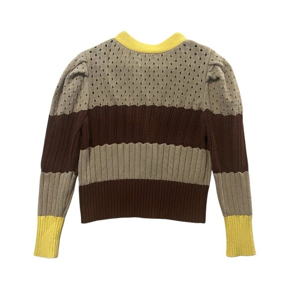 Calligraphie Women’s Cardigan XL Striped Button Front Puff Sleeve Brown V Neck - Picture 3 of 9